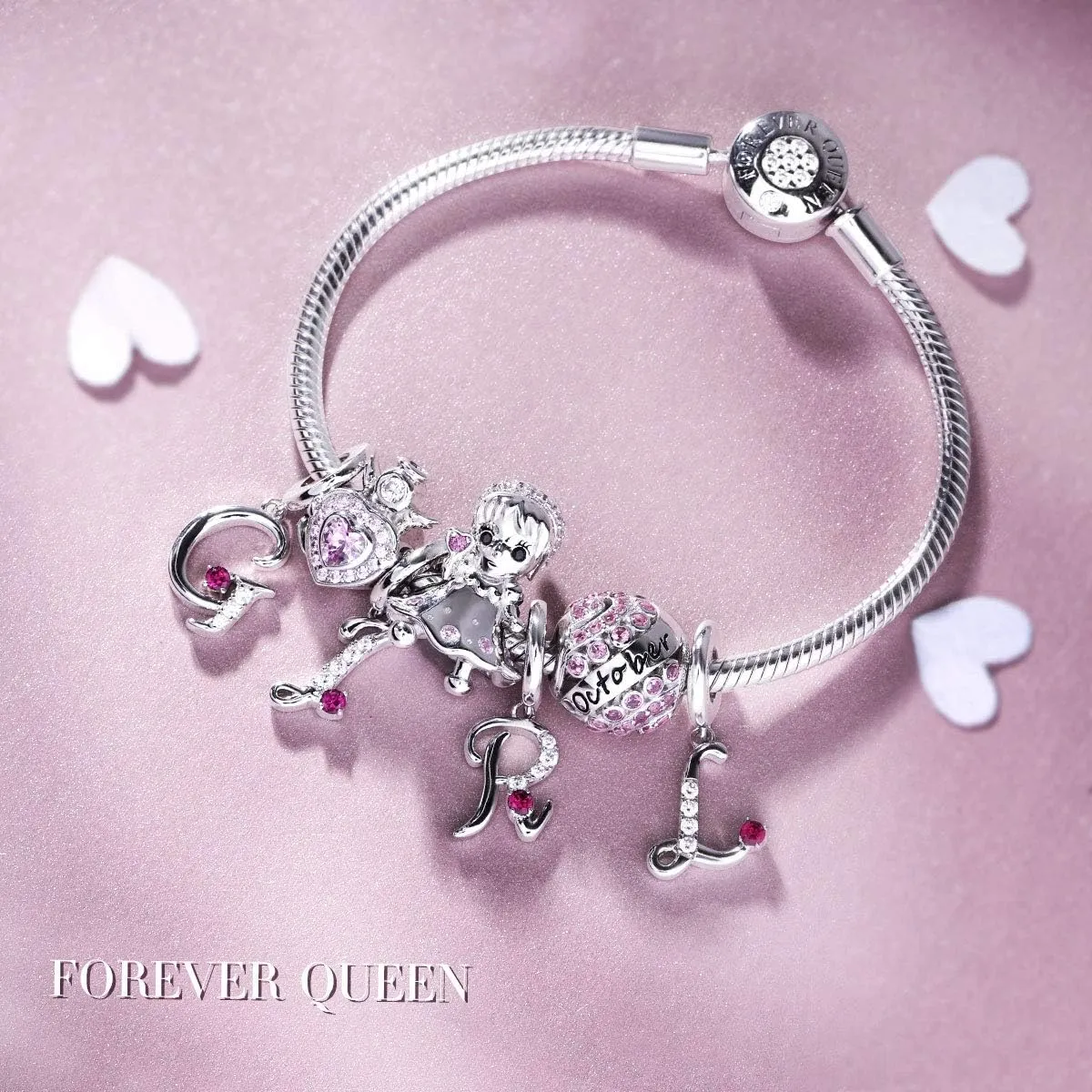 FOREVER QUEEN Initial A-Z Letter Charm 925 Sterling Silver Dangle Beads Charm Red Zircon Alphabet Pendants for Snake Chain Bracelets Necklace Mother Gift Jewelry