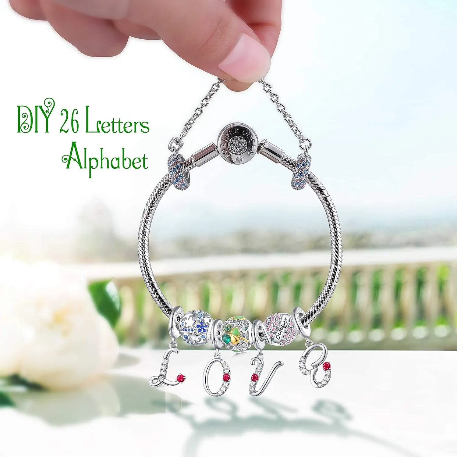 FOREVER QUEEN Initial A-Z Letter Charm 925 Sterling Silver Dangle Beads Charm Red Zircon Alphabet Pendants for Snake Chain Bracelets Necklace Mother Gift Jewelry