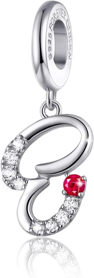 FOREVER QUEEN Initial A-Z Letter Charm 925 Sterling Silver Dangle Beads Charm Red Zircon Alphabet Pendants for Snake Chain Bracelets Necklace Mother Gift Jewelry