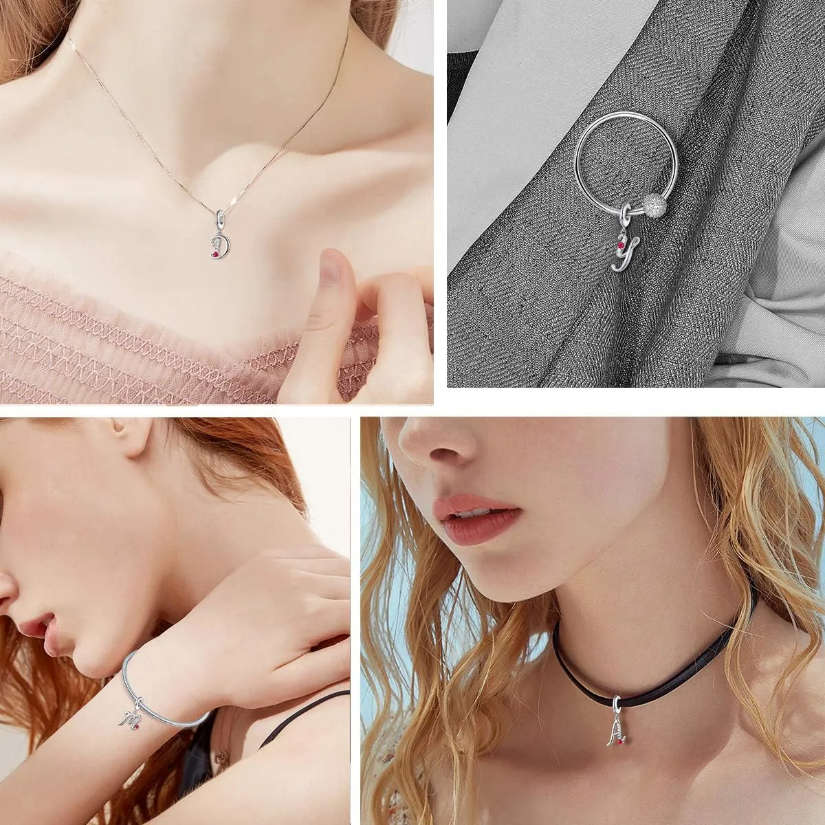 FOREVER QUEEN Initial A-Z Letter Charm 925 Sterling Silver Dangle Beads Charm Red Zircon Alphabet Pendants for Snake Chain Bracelets Necklace Mother Gift Jewelry