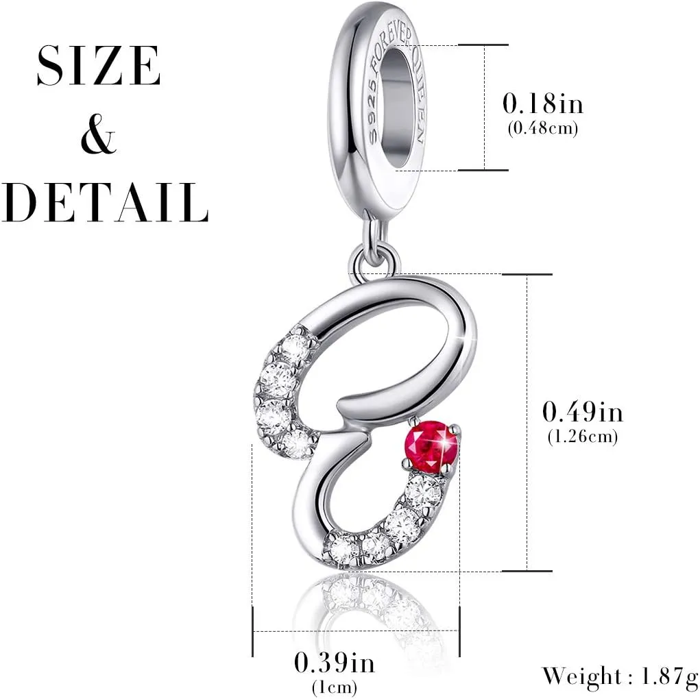 FOREVER QUEEN Initial A-Z Letter Charm 925 Sterling Silver Dangle Beads Charm Red Zircon Alphabet Pendants for Snake Chain Bracelets Necklace Mother Gift Jewelry