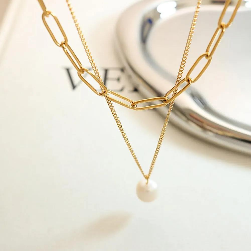 Freshwater Pearl Necklace Gold Plated Choker Cultured Small White Pearl Layered Chain Necklace Stainless Steel Jewelry Gifts