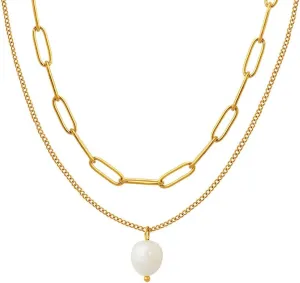 Freshwater Pearl Necklace Gold Plated Choker Cultured Small White Pearl Layered Chain Necklace Stainless Steel Jewelry Gifts