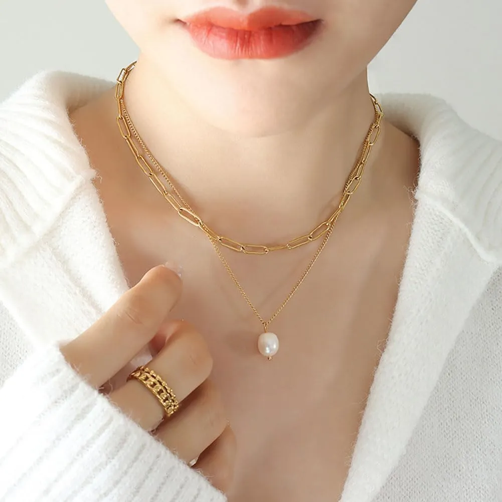 Freshwater Pearl Necklace Gold Plated Choker Cultured Small White Pearl Layered Chain Necklace Stainless Steel Jewelry Gifts