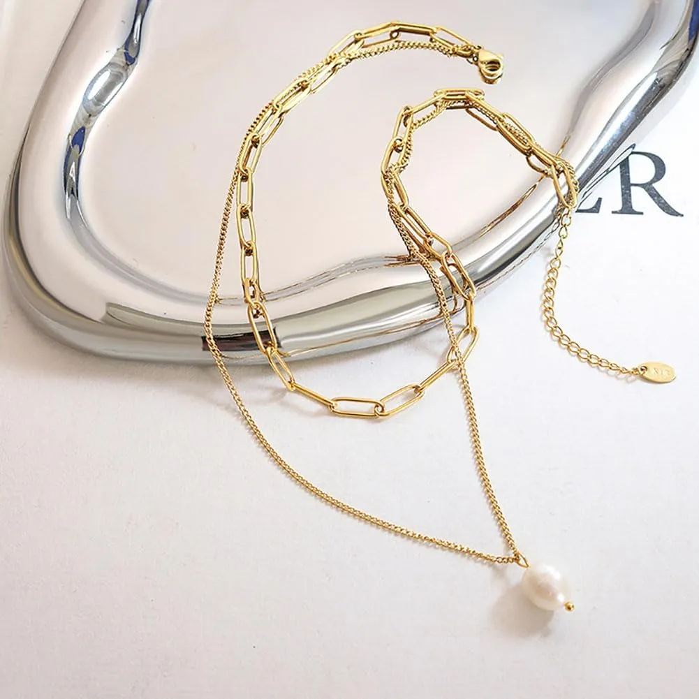 Freshwater Pearl Necklace Gold Plated Choker Cultured Small White Pearl Layered Chain Necklace Stainless Steel Jewelry Gifts