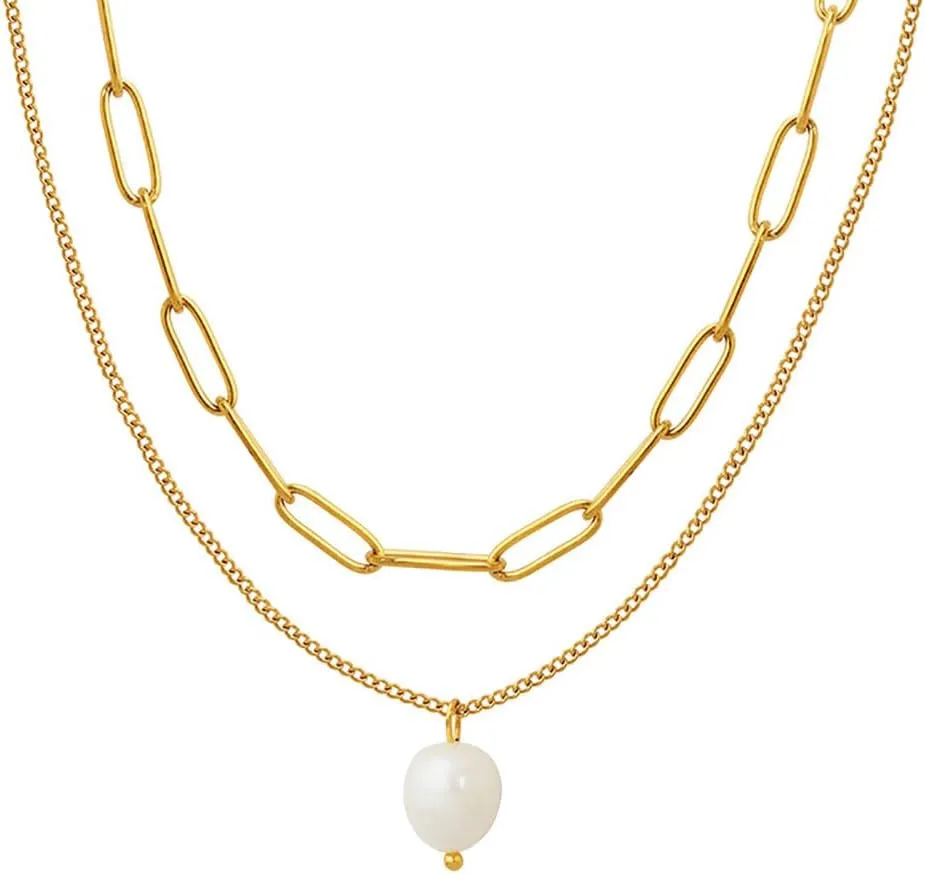 Freshwater Pearl Necklace Gold Plated Choker Cultured Small White Pearl Layered Chain Necklace Stainless Steel Jewelry Gifts