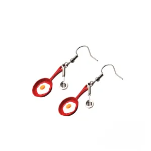 Fried Egg Earrings | Unique Food Jewelry for Women Girls | Kitchen Frying Pan Spatula Pendant | Funky Acrylic Charms | Cooking Breakfast Gift Ideas (Red)