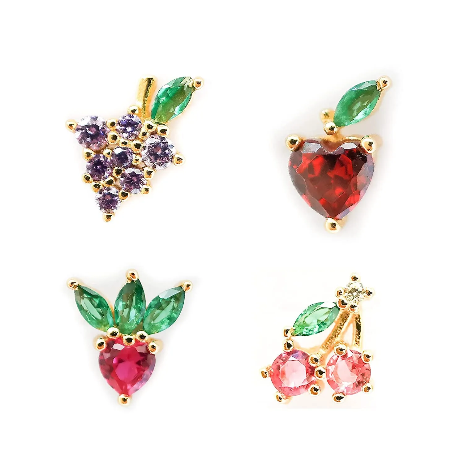 Fruit Earrings Mismatched Studs Set of 4 Multiple Piercings Food Jewelry Fun Ear Posts