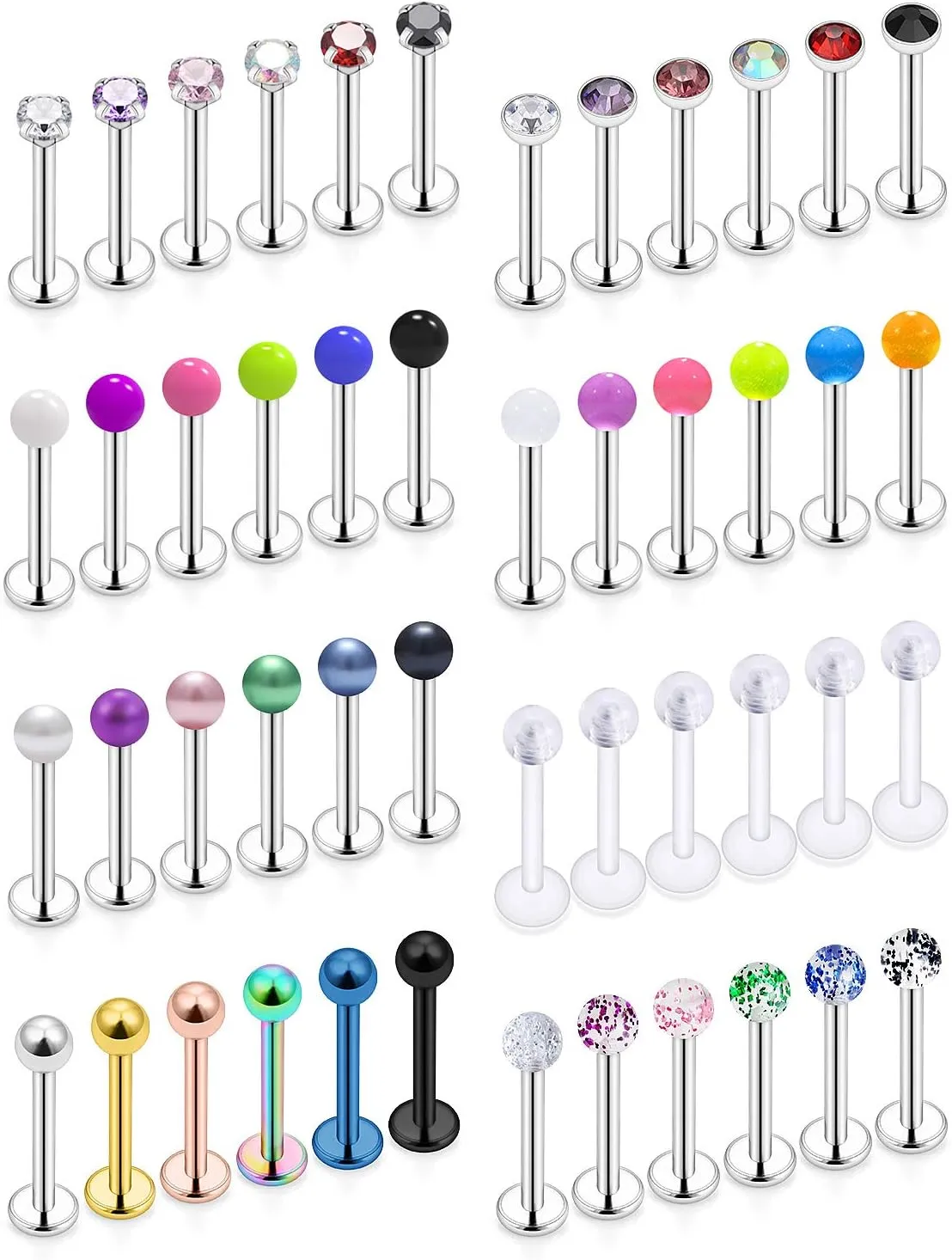 Ftovosyo 36-48Pcs Lip Rings 16G Surgical Steel Labret Studs Monroe Ring Piercing Jewelry for Women Men Conch Cartilage Tragus Helix Earring Barbells 6mm 8mm 10mm 12mm