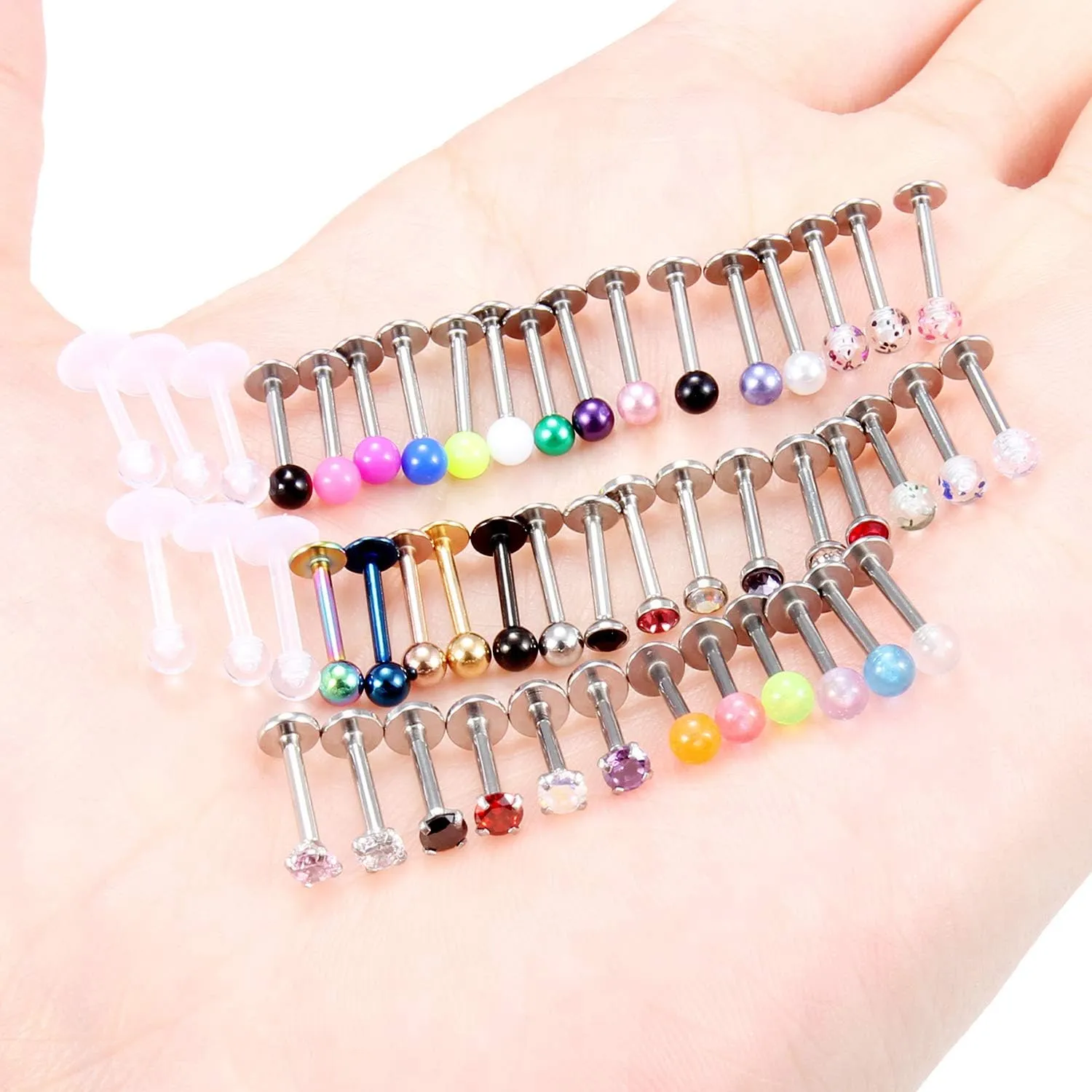 Ftovosyo 36-48Pcs Lip Rings 16G Surgical Steel Labret Studs Monroe Ring Piercing Jewelry for Women Men Conch Cartilage Tragus Helix Earring Barbells 6mm 8mm 10mm 12mm