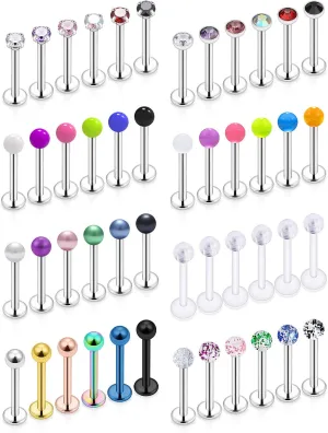 Ftovosyo 36-48Pcs Lip Rings 16G Surgical Steel Labret Studs Monroe Ring Piercing Jewelry for Women Men Conch Cartilage Tragus Helix Earring Barbells 6mm 8mm 10mm 12mm