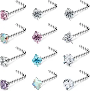Ftovosyo Hypoallergenic Nose Rings Studs 18G & 20G Surgical Steel Nose Studs L Shaped Nostril Piercing Jewelry with Cubic Zirconia for Women & Men