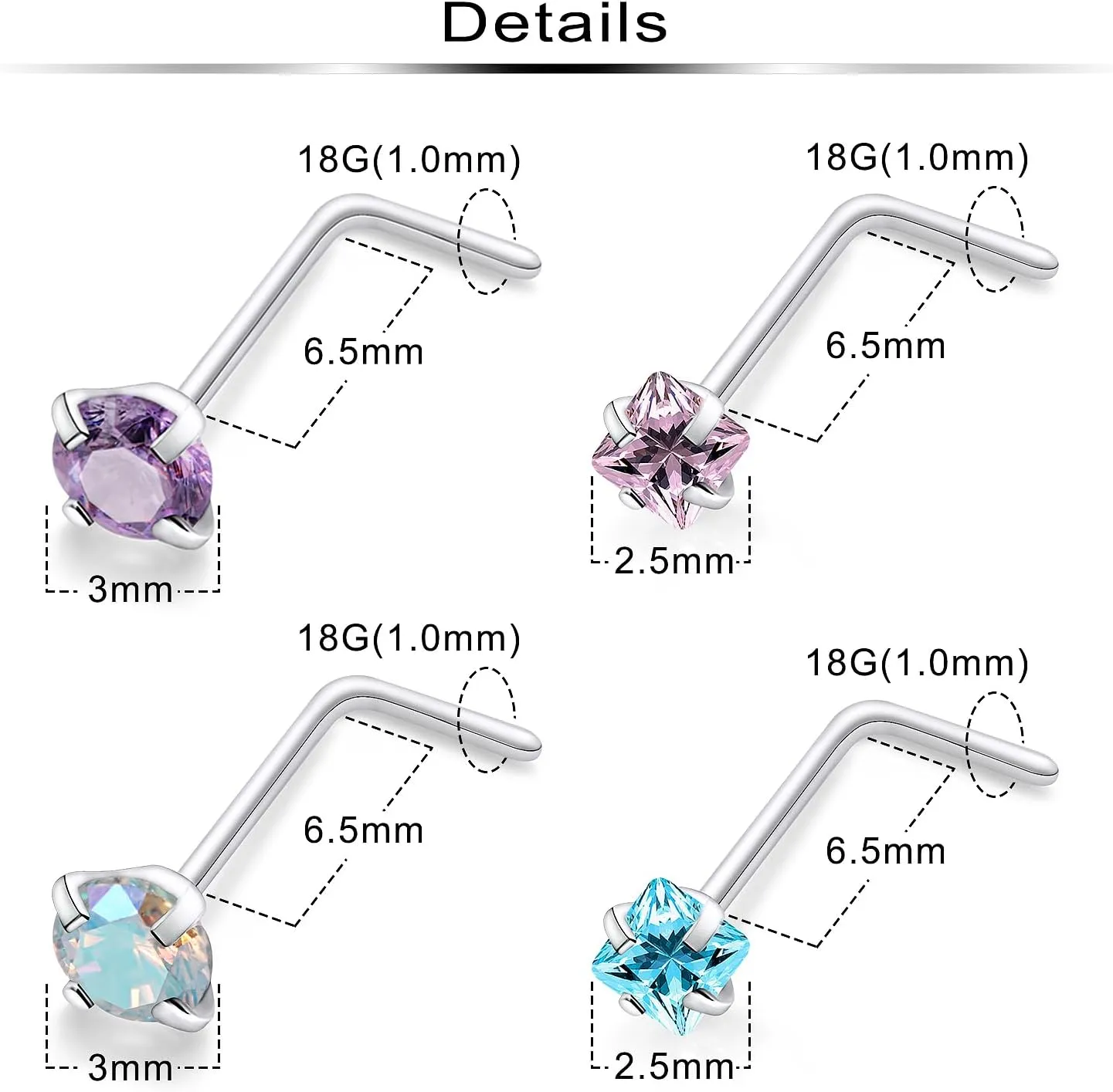 Ftovosyo Hypoallergenic Nose Rings Studs 18G & 20G Surgical Steel Nose Studs L Shaped Nostril Piercing Jewelry with Cubic Zirconia for Women & Men