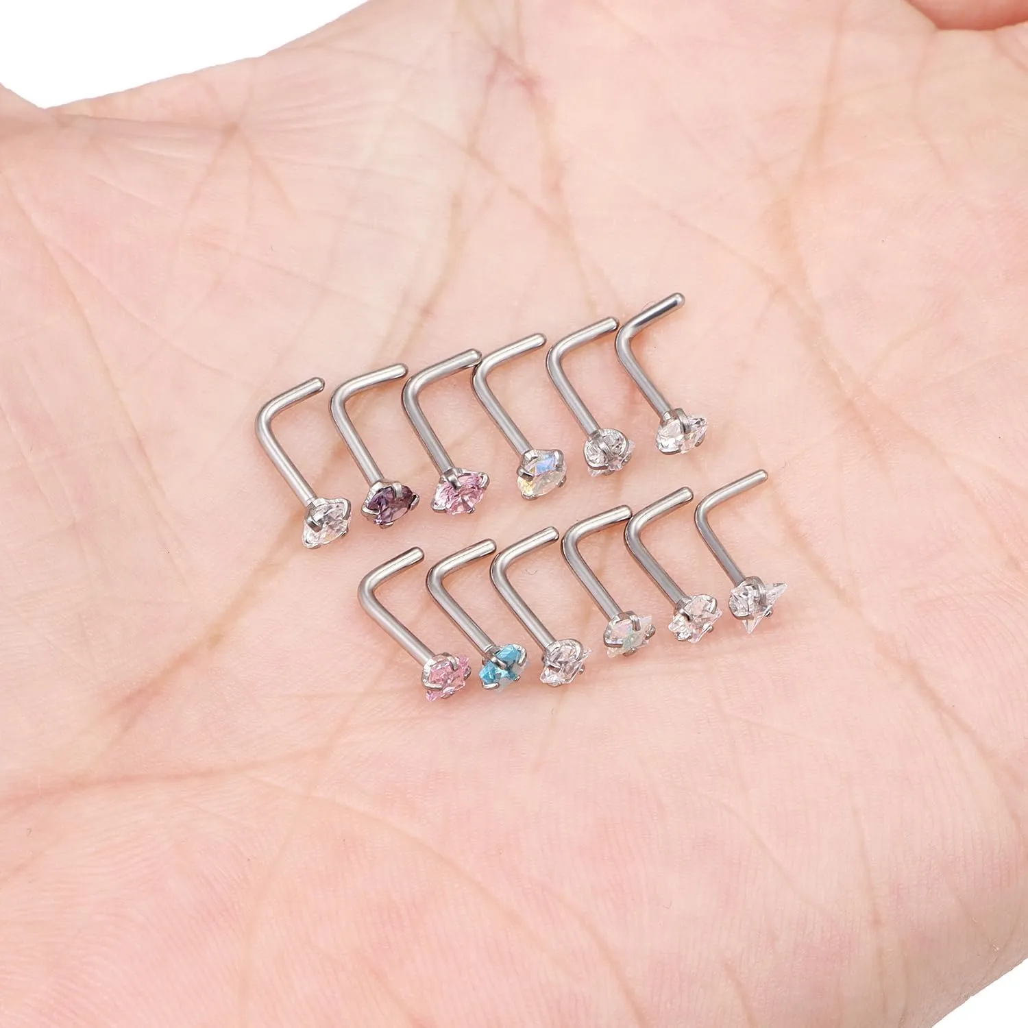 Ftovosyo Hypoallergenic Nose Rings Studs 18G & 20G Surgical Steel Nose Studs L Shaped Nostril Piercing Jewelry with Cubic Zirconia for Women & Men