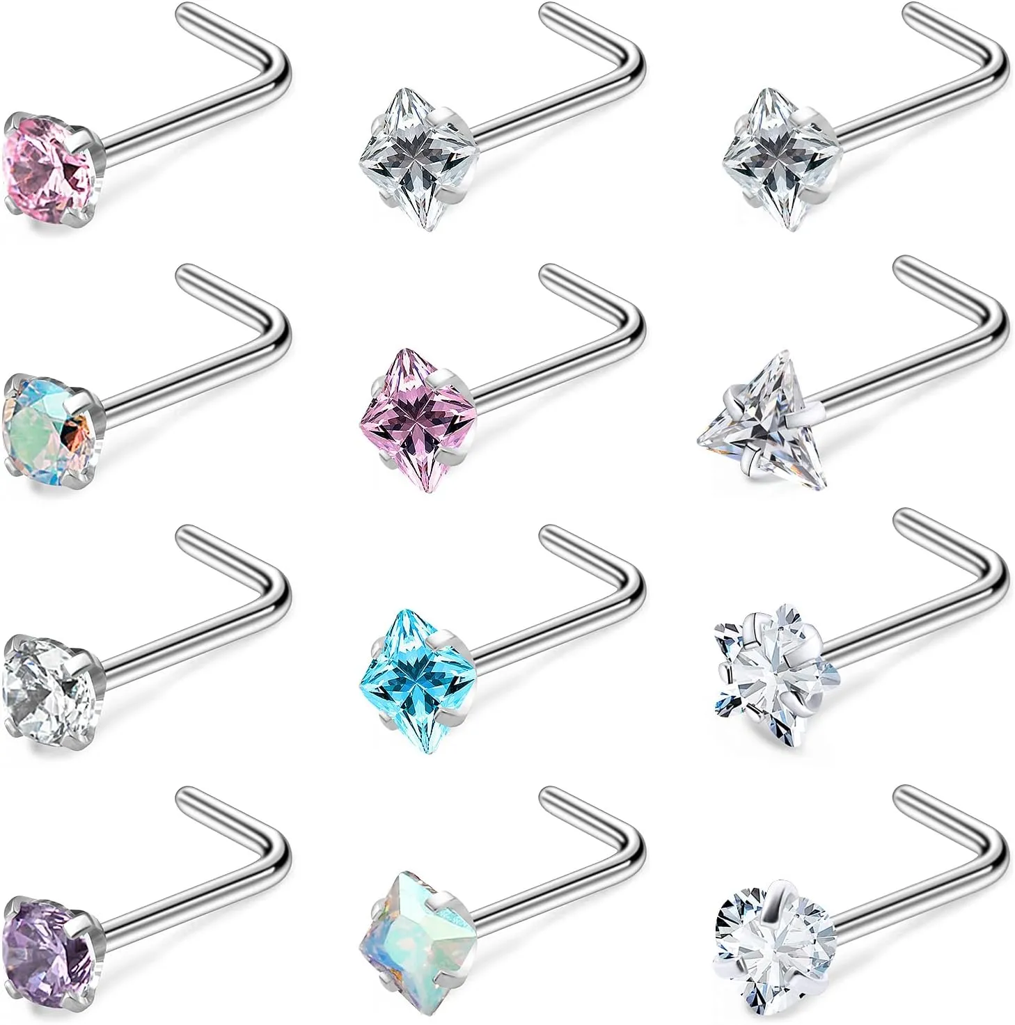 Ftovosyo Hypoallergenic Nose Rings Studs 18G & 20G Surgical Steel Nose Studs L Shaped Nostril Piercing Jewelry with Cubic Zirconia for Women & Men