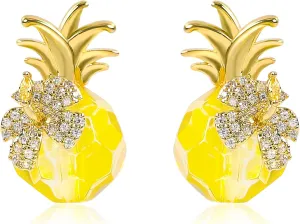Fun Cubic Zirconia Pineapple Earrings for Women 14K Gold Plated CZ Flower Pineapple Stud Earrings Dangle Yellow Crystal Tropical Fruit Hoop Statement Earrings Summer Beach Party Trendy Jewelry Gifts