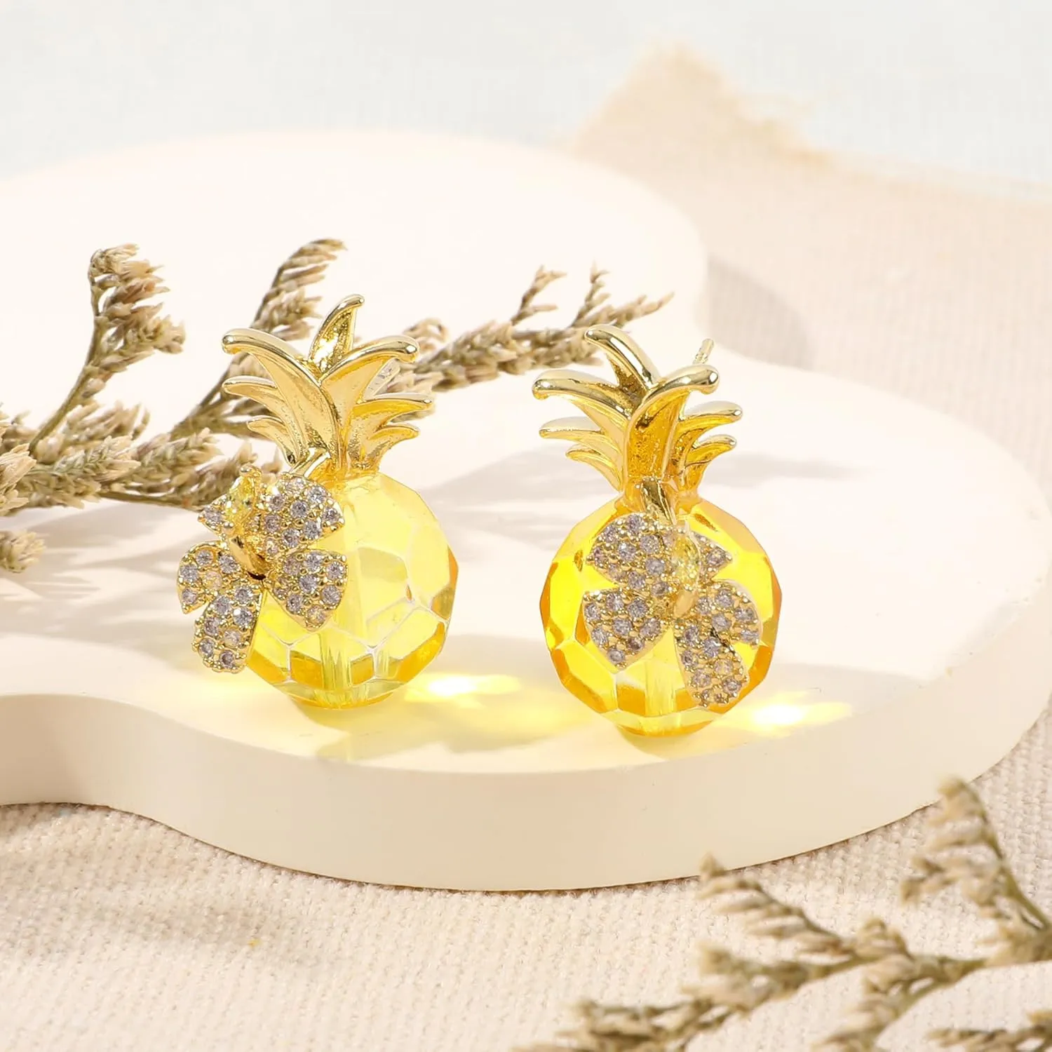 Fun Cubic Zirconia Pineapple Earrings for Women 14K Gold Plated CZ Flower Pineapple Stud Earrings Dangle Yellow Crystal Tropical Fruit Hoop Statement Earrings Summer Beach Party Trendy Jewelry Gifts