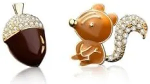 Fun Squirrel and Pine Cone Stud Earrings Asymmetrical Crystal Nut Squirrel Animal Ear Stud Earrings for Women Girls