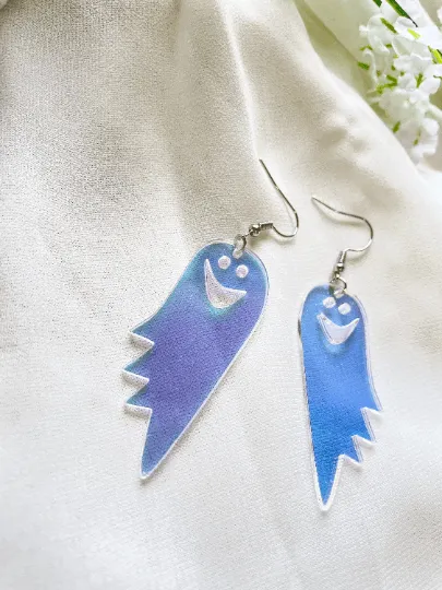 Funny ghost earrings | fun retro party earrings | colourful clear iridescent dangle earrings | hologram fun earrings | halloween party