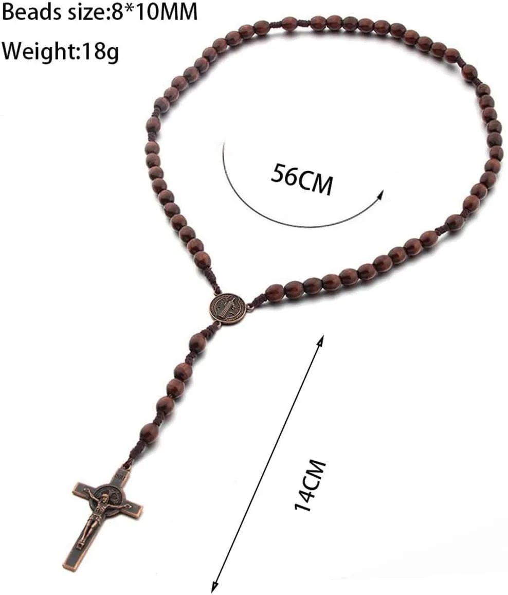 Fuqimanman2020 Handmade Wooden Beads Catholic Rosary Necklace with Crucifix Cross Pendant Christian Prayer Holy Jerusalem Holyland Virgin Mary Jesus Necklace Y Necklace for Women Men