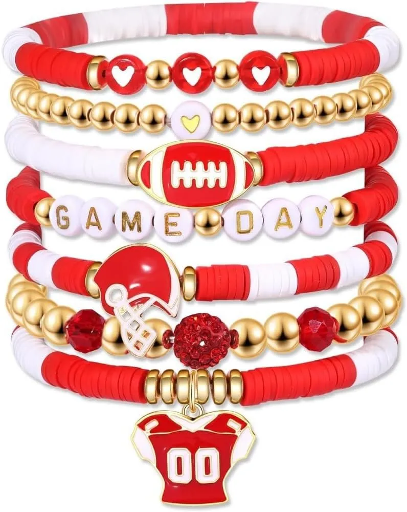 Game Day 8Pcs Colorful Polymer Clay Football Bracelets Stack Football Bracelet for Women Men Stackable Football Charm Bracelet Game Day Accessories Football Women Men Outfit Jewelry