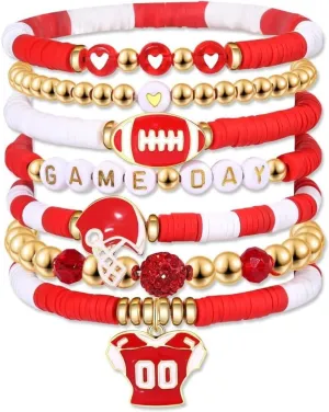 Game Day 8Pcs Colorful Polymer Clay Football Bracelets Stack Football Bracelet for Women Men Stackable Football Charm Bracelet Game Day Accessories Football Women Men Outfit Jewelry