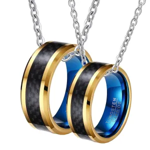 Gay Couple Necklace Set Men, Promise Rings Necklace for Him Carbon Fiber Inlaid Tungsten Ring Pendants, Size 7-12