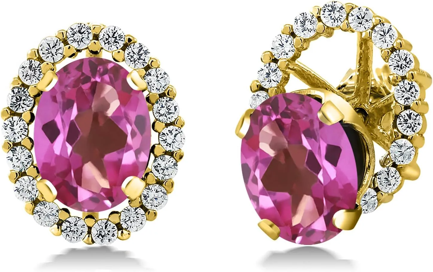 Gem Stone King 18K Yellow Gold Plated Silver 8X6MM Oval Gemstone Birthstone Stud Earrings with Removable Jackets | Halo Earrings for Women