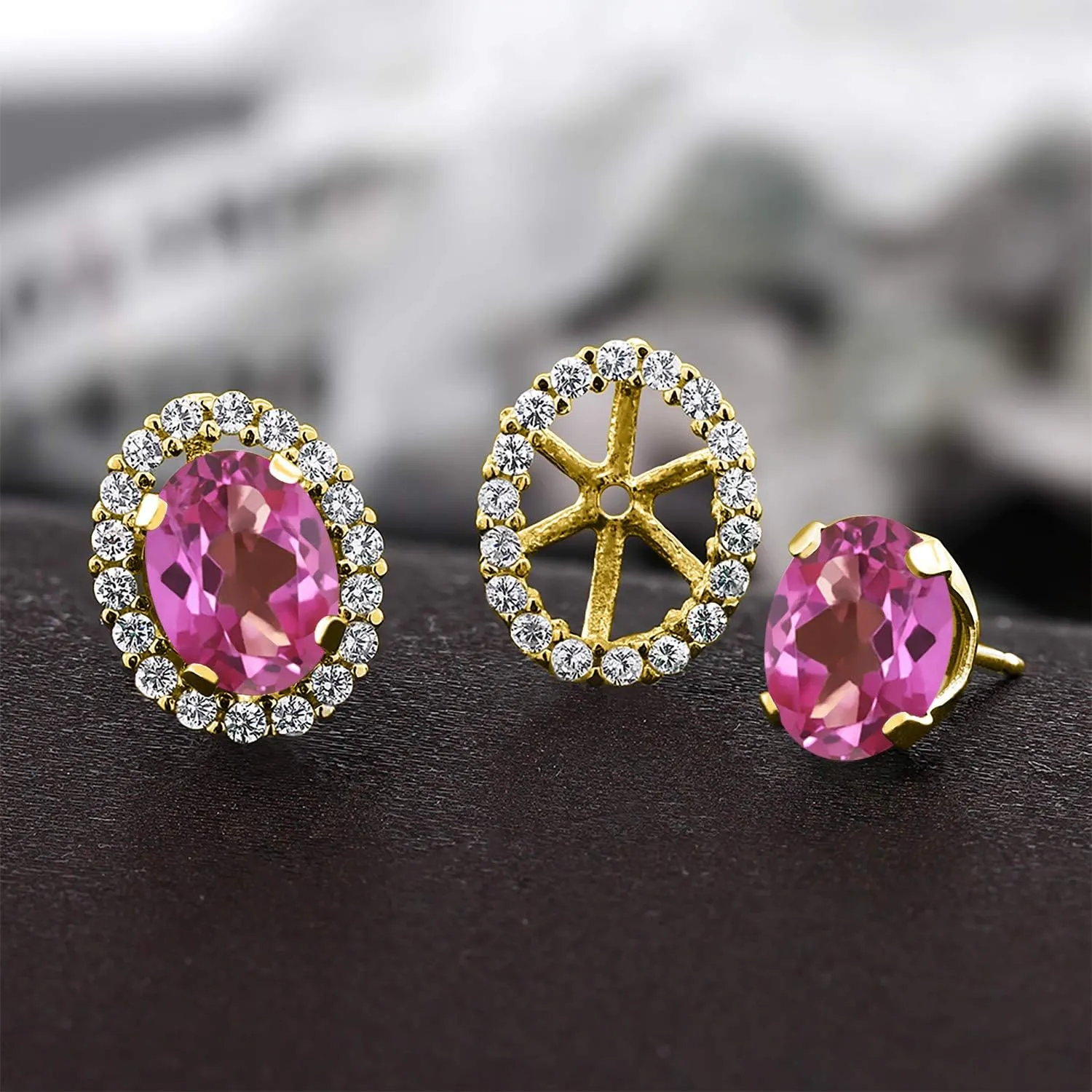 Gem Stone King 18K Yellow Gold Plated Silver 8X6MM Oval Gemstone Birthstone Stud Earrings with Removable Jackets | Halo Earrings for Women