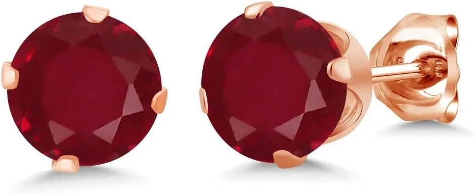 Gem Stone King 2.10 Cttw Round Red Ruby Rose Gold Plated Silver Stud Earrings For Women | Gemstone Birthstone | Round 6MM