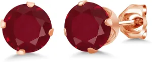 Gem Stone King 2.10 Cttw Round Red Ruby Rose Gold Plated Silver Stud Earrings For Women | Gemstone Birthstone | Round 6MM