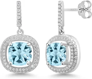 Gem Stone King 8MM Cushion Gemstone Birthstone and White Moissanite Drop Dangle Earrings For Women | 925 Sterling Silver | Fine Jewelry Gifts for Her Mom Women Wife