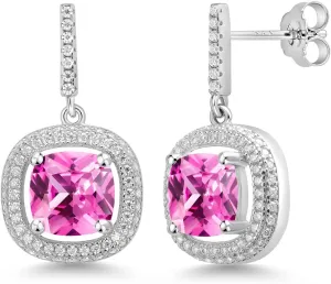 Gem Stone King 8MM Cushion Gemstone Birthstone and White Moissanite Drop Dangle Earrings For Women | 925 Sterling Silver | Fine Jewelry Gifts for Her Mom Women Wife