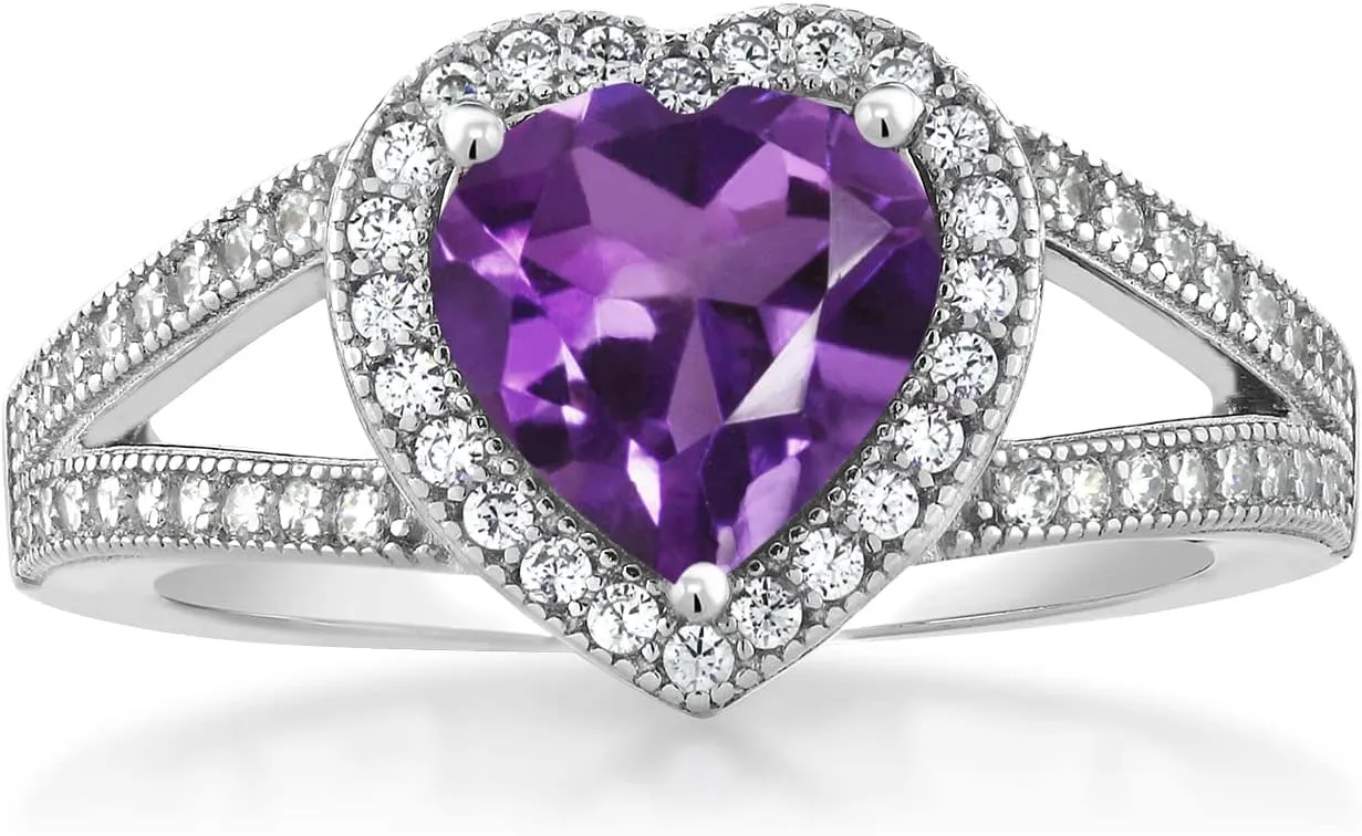 Gem Stone King 8MM Heart Gemstone Birthstone and White Moissanite Halo Ring For Women | 925 Sterling Silver | Elegant Split Shank Design | Fine Jewelry for Anniversary Wedding Engagement Promise