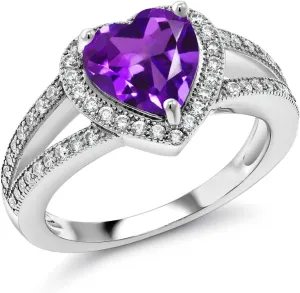 Gem Stone King 8MM Heart Gemstone Birthstone and White Moissanite Halo Ring For Women | 925 Sterling Silver | Elegant Split Shank Design | Fine Jewelry for Anniversary Wedding Engagement Promise