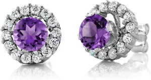 Gem Stone King 925 Sterling Silver 5MM Round Gemstone Birthstone Halo Stud Earrings For Women with Removable Jackets