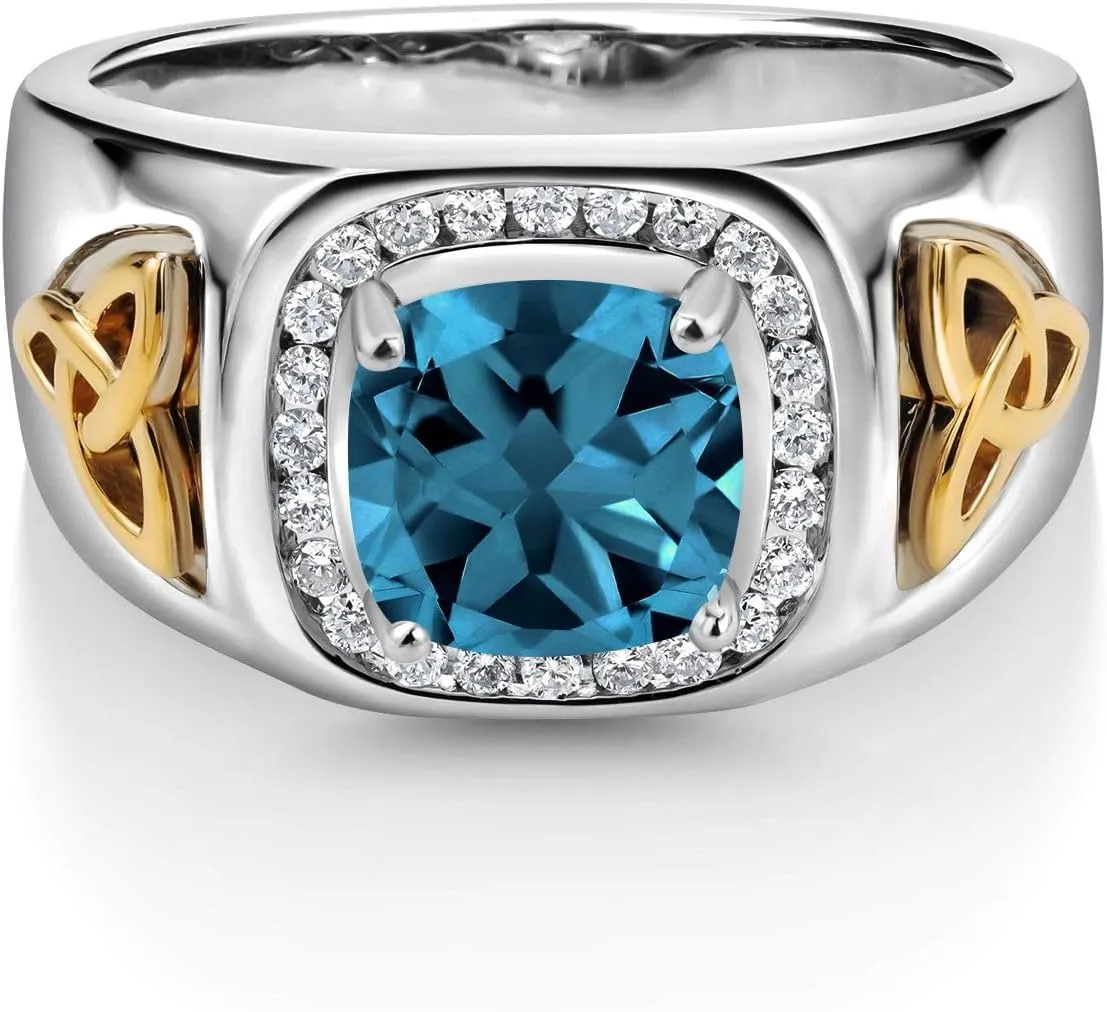 Gem Stone King Men's 925 Silver and 10K Yellow Gold 8MM Cushion Cut Gemstone Birthstone and White Lab Grown Diamond Ring for Men | Available In Size 7, 8, 9, 10, 11, 12, 13