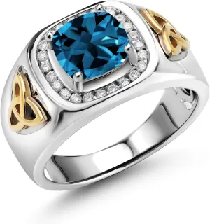 Gem Stone King Men's 925 Silver and 10K Yellow Gold 8MM Cushion Cut Gemstone Birthstone and White Lab Grown Diamond Ring for Men | Available In Size 7, 8, 9, 10, 11, 12, 13
