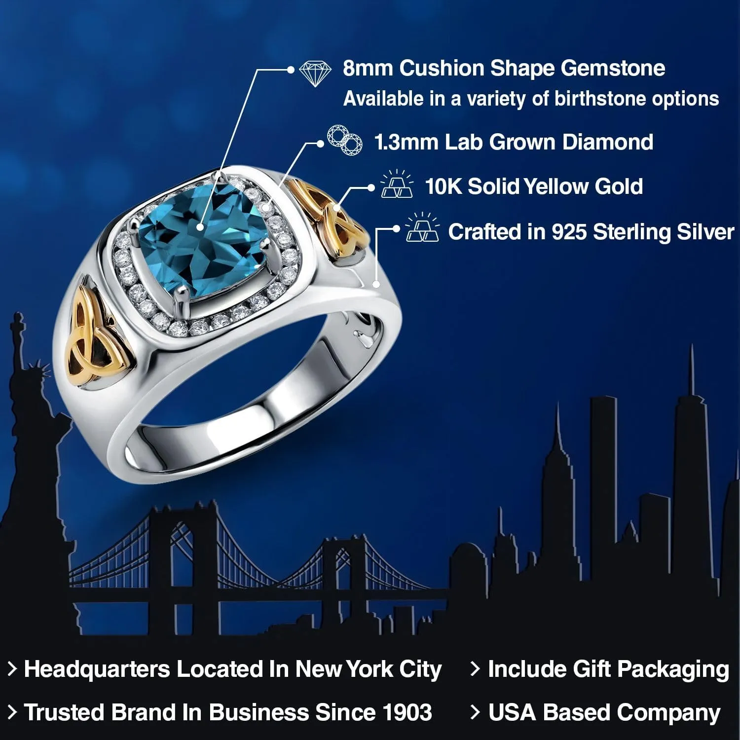 Gem Stone King Men's 925 Silver and 10K Yellow Gold 8MM Cushion Cut Gemstone Birthstone and White Lab Grown Diamond Ring for Men | Available In Size 7, 8, 9, 10, 11, 12, 13