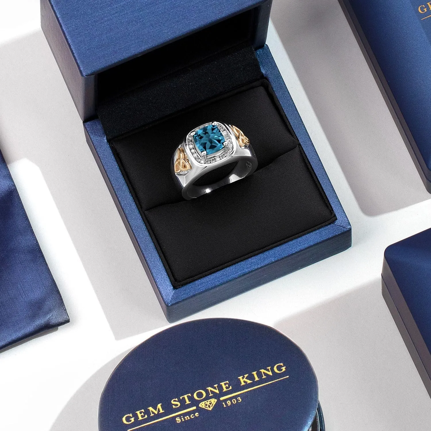 Gem Stone King Men's 925 Silver and 10K Yellow Gold 8MM Cushion Cut Gemstone Birthstone and White Lab Grown Diamond Ring for Men | Available In Size 7, 8, 9, 10, 11, 12, 13