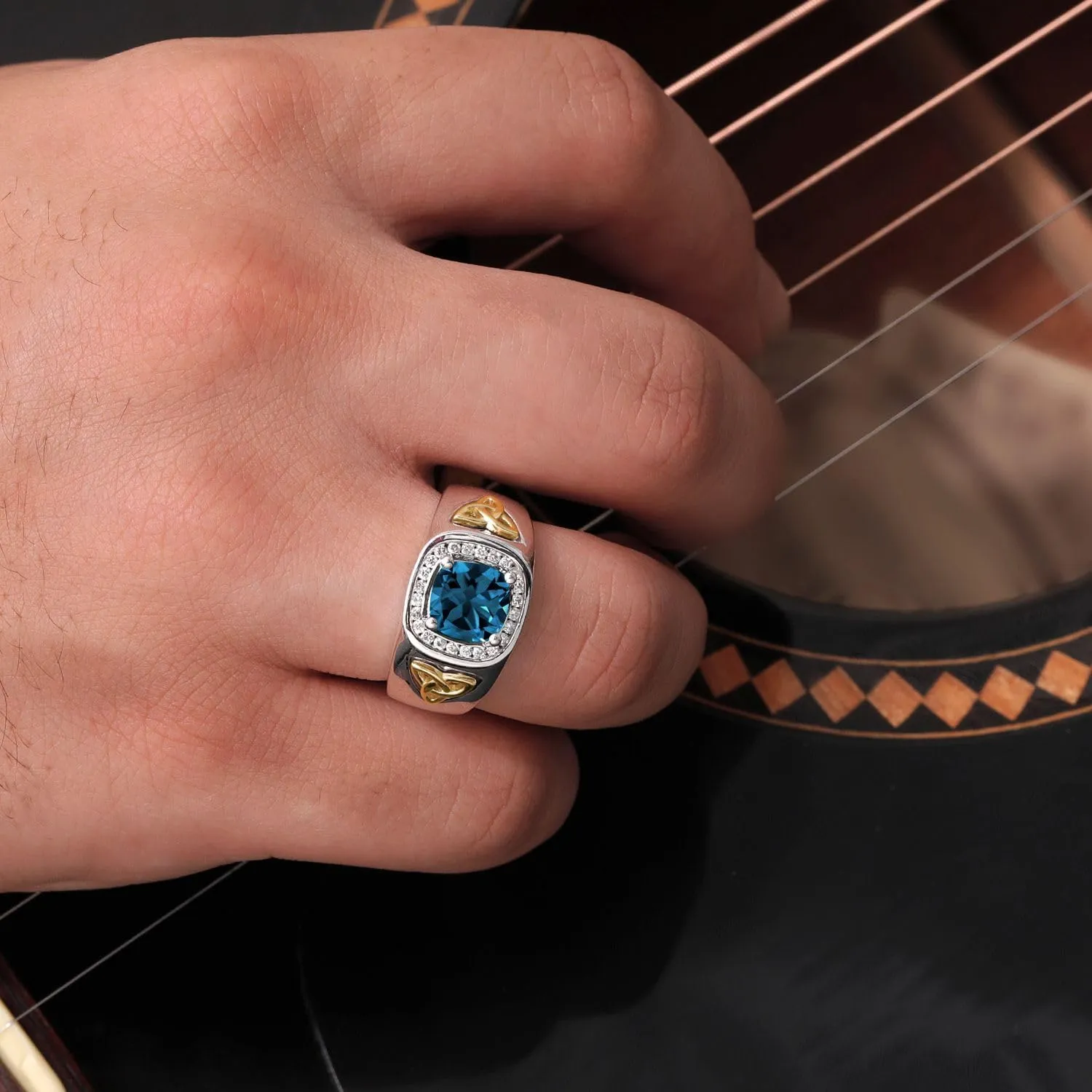 Gem Stone King Men's 925 Silver and 10K Yellow Gold 8MM Cushion Cut Gemstone Birthstone and White Lab Grown Diamond Ring for Men | Available In Size 7, 8, 9, 10, 11, 12, 13