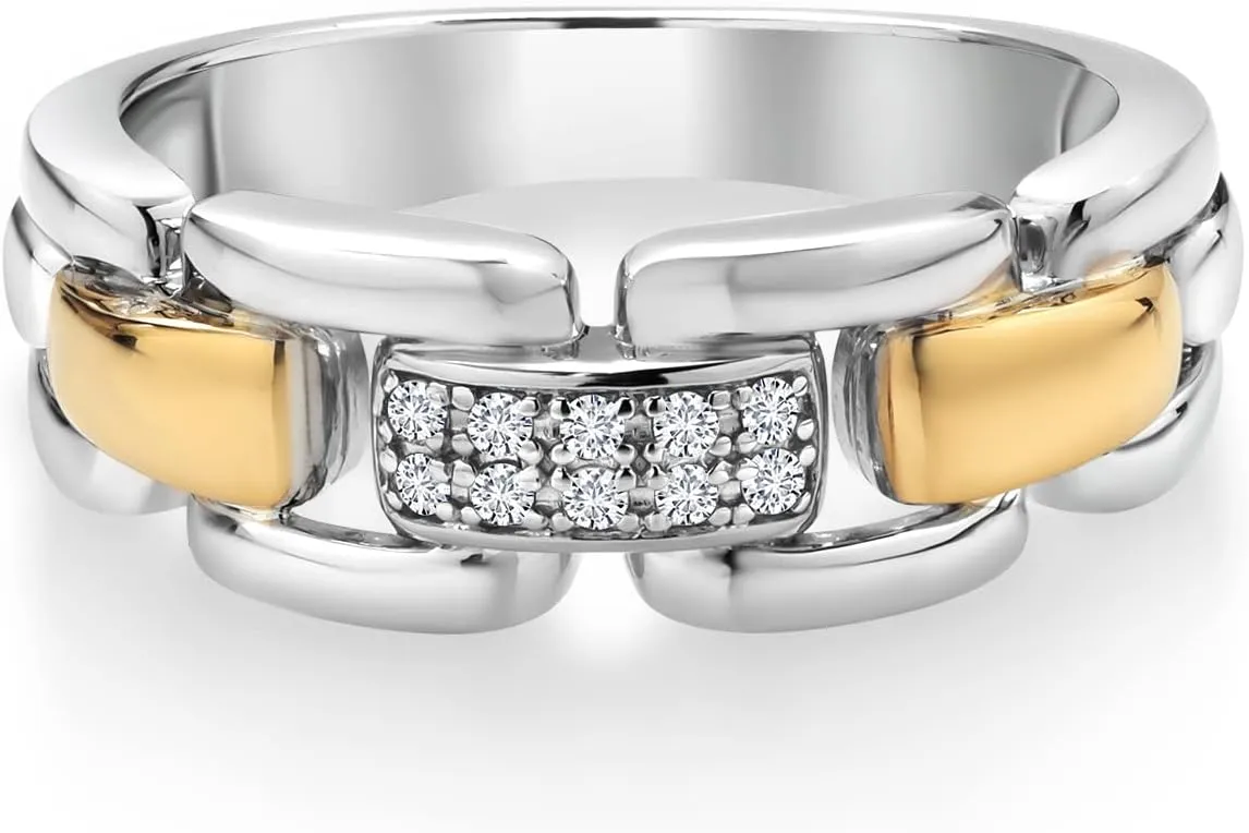 Gem Stone King Men's 925 Sterling Silver and 10K Yellow Gold White Lab Grown Diamond Band 2 Tone Ring | 7MM Width | Available in Size 5 to 13