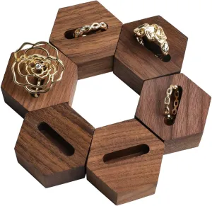 GemeShou 6pcs Wood Jewelry Ring Storage organizers, Hexagon Retail ring display slot stand, Small walnut Jewelry ring holder tray for Girl Woman Room DecorationWalnut - Hexagon 6pcs