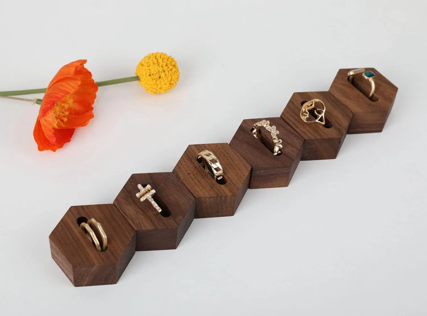 GemeShou 6pcs Wood Jewelry Ring Storage organizers, Hexagon Retail ring display slot stand, Small walnut Jewelry ring holder tray for Girl Woman Room DecorationWalnut - Hexagon 6pcs