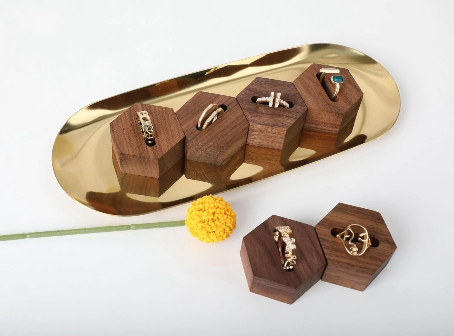 GemeShou 6pcs Wood Jewelry Ring Storage organizers, Hexagon Retail ring display slot stand, Small walnut Jewelry ring holder tray for Girl Woman Room DecorationWalnut - Hexagon 6pcs