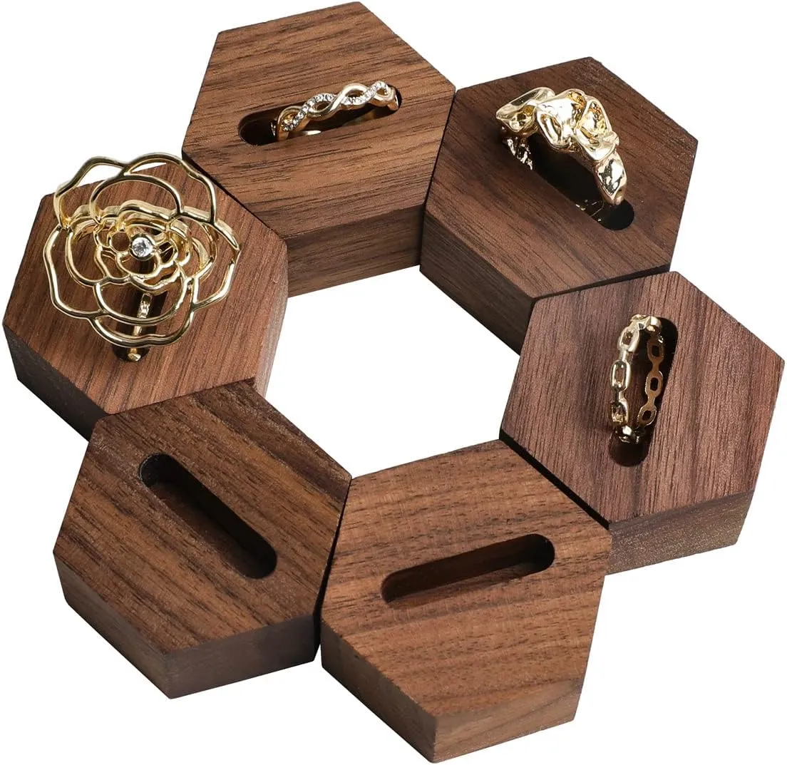 GemeShou 6pcs Wood Jewelry Ring Storage organizers, Hexagon Retail ring display slot stand, Small walnut Jewelry ring holder tray for Girl Woman Room DecorationWalnut - Hexagon 6pcs