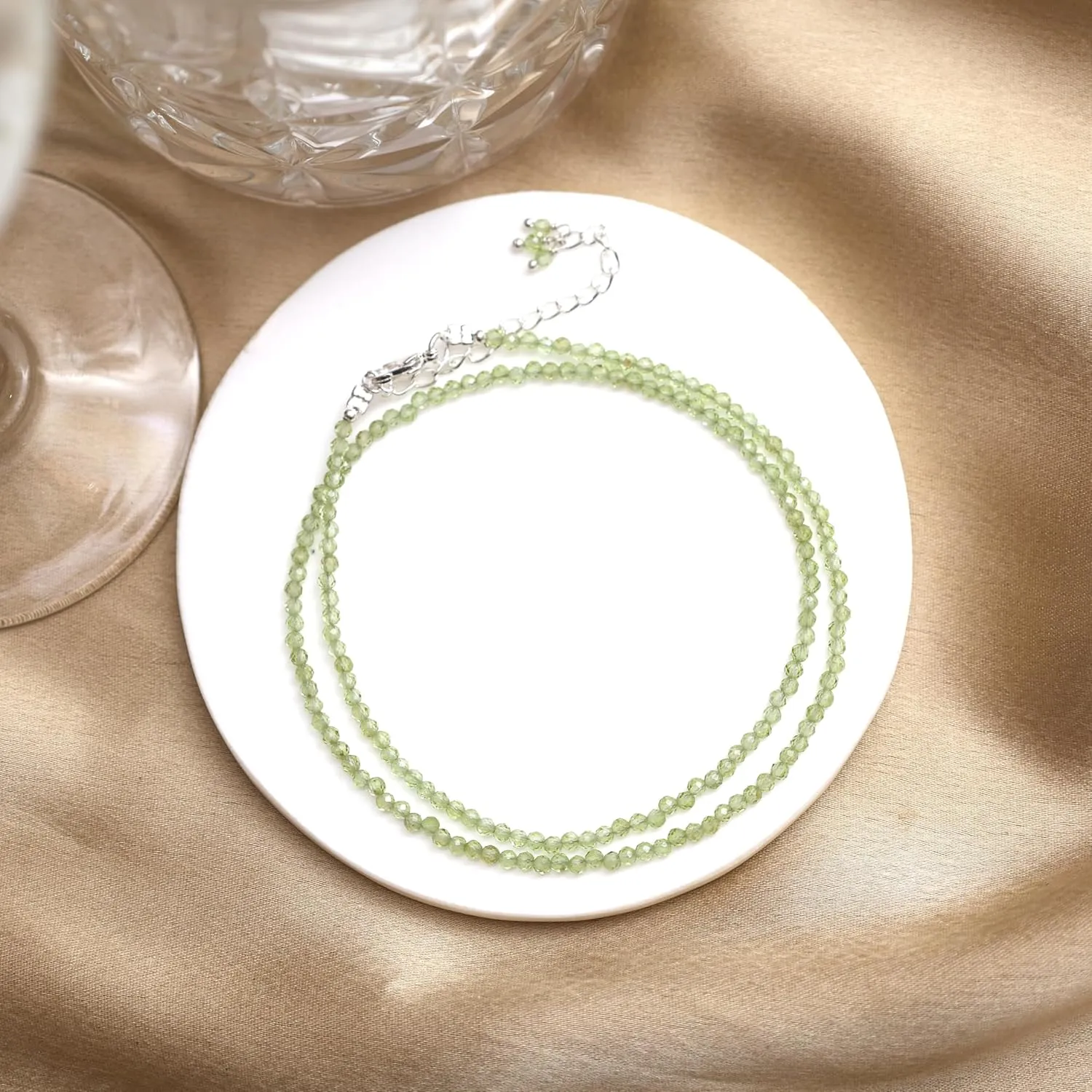 Gempires Natural Green Peridot Beaded Necklace August Birthstone Crystal Jewelry Hypoallergenic 18 Inch Silver Plated Gemstone Necklaces For Women