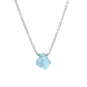 Gempires Raw Blue Aquamarine Pendant Necklace March Birthstone Gemstone Crystal Jewelry Hypoallergenic 18 Inch Silver Plated Lightweight Handmade Dainty Minimalist Necklaces