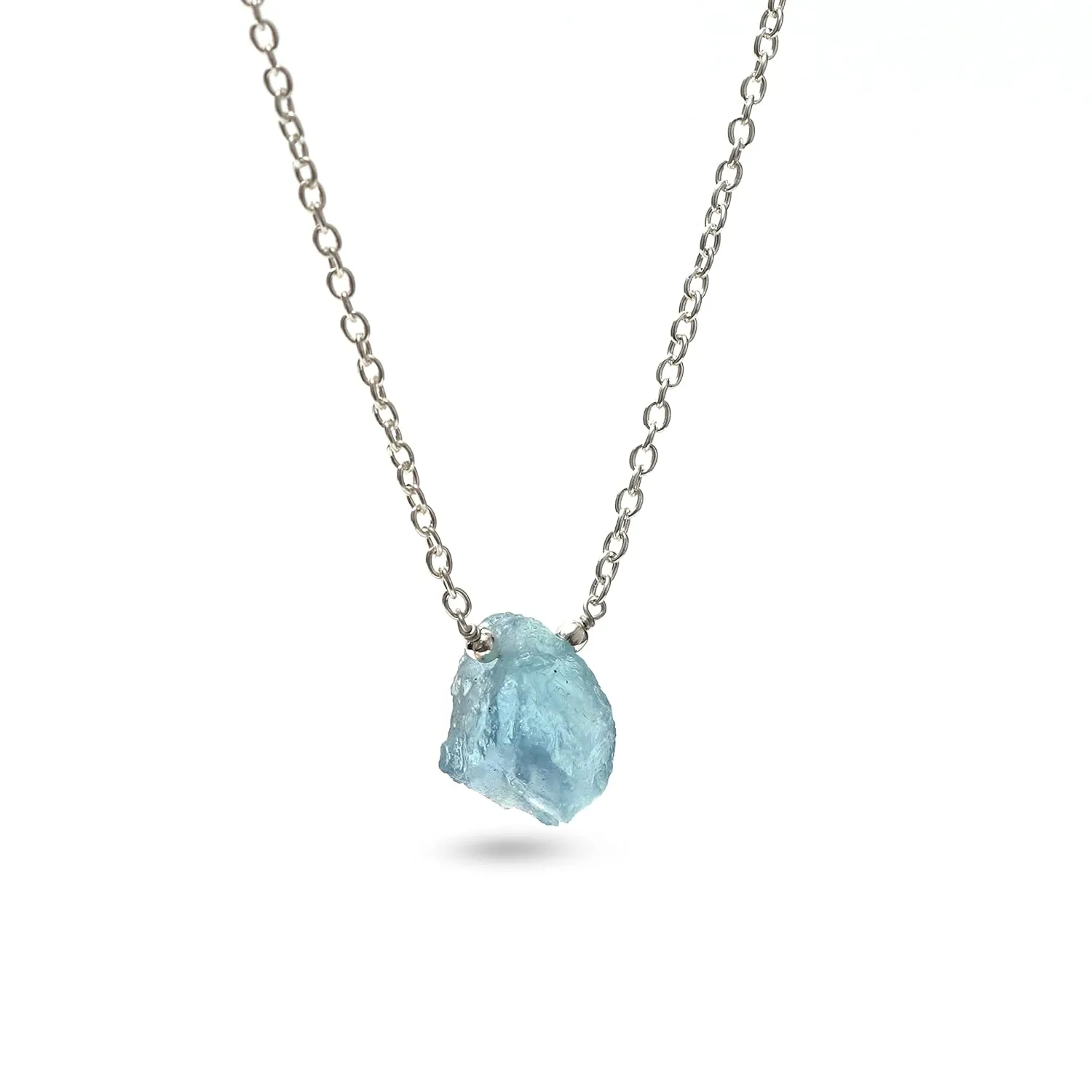 Gempires Raw Blue Aquamarine Pendant Necklace March Birthstone Gemstone Crystal Jewelry Hypoallergenic 18 Inch Silver Plated Lightweight Handmade Dainty Minimalist Necklaces