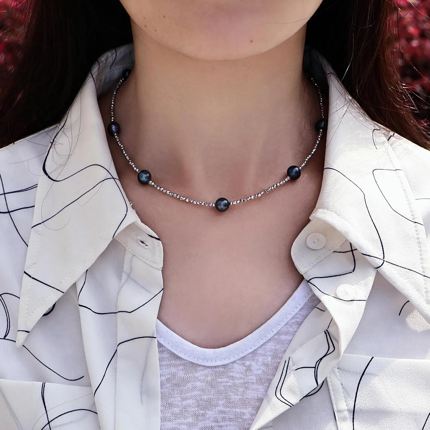 Genuin Real Freshwater Pearl Necklace,Black Peacock Pearl Choker Necklaces for Women,Hematite Gold/Silver Beaded Simple Pearl Necklace,Dainty Adjustable Pearl Jewelry Mother's Valentine Day Gifts